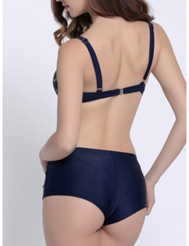 Plus Size Sexy Floral Printed Bow Elastic Bikini Boyshort Swimwear