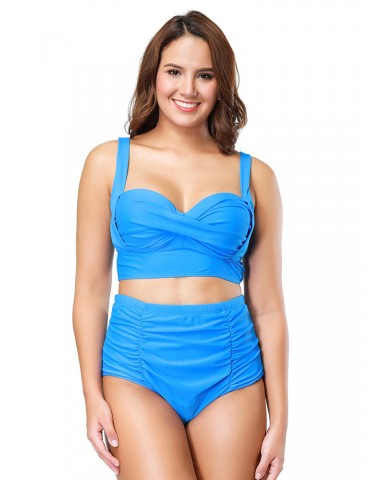 Plus Size Ruched High Waist Push Up Front Twisted Solid Color Bikinis Sexy Women Swimsuits