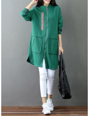 Casual Letter Printed Splited Irregular Stand Collar Women Coats