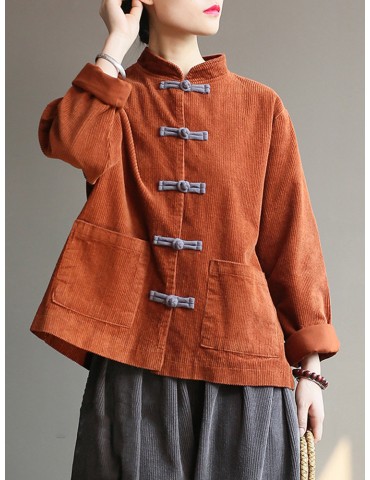 Frog Button Corduroy Solid Color Long Sleeve Vintage Coat