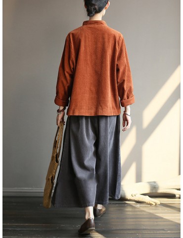 Frog Button Corduroy Solid Color Long Sleeve Vintage Coat