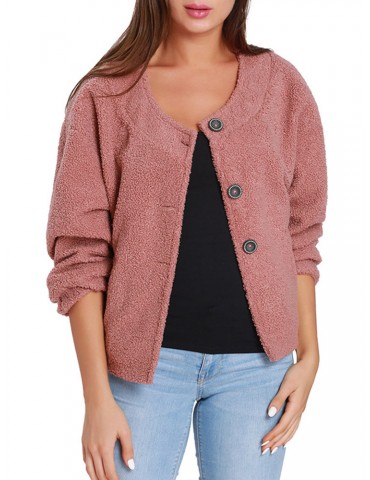 Fleece Solid Color Loose Button Coats