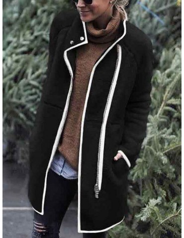 Solid Color Stand Collar Long Sleeve Loose Coat For Women