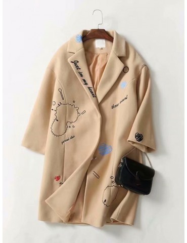 Cartoon Letter Embroidery Lapel Long Sleeve Women Coat