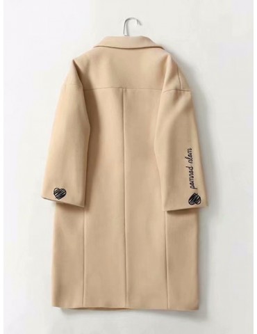 Cartoon Letter Embroidery Lapel Long Sleeve Women Coat