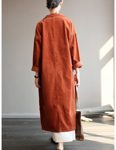 Lapel Solid Color Long Sleeve Corduroy Vintage Long Coat