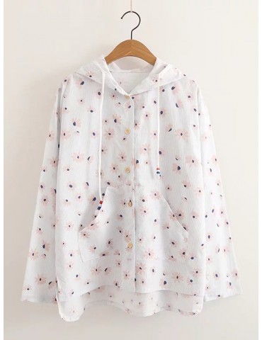 Asymmetrical Floral Print Hooded Long Sleeve Casual Coats