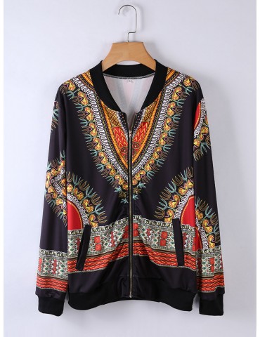 Ethnic Printed Long Sleeve Zipper Fly Thin Jackets