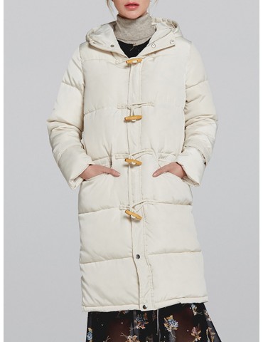 Solid Color Pocket Hooded Horn Button Winter Cotton Coats