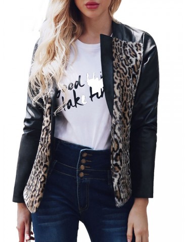 Leopard Print Patchwork Autumn Winter Long Sleeve PU Short Jacket