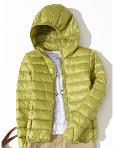 Casual Pure Color Hooded Pockets Long Sleeve Women Down Coats