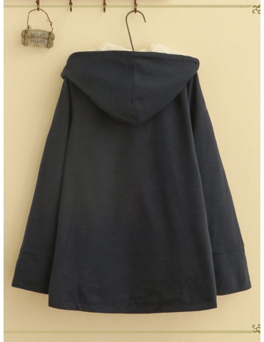 Thick Solid Color Hooded Long Sleeve Cape Coat