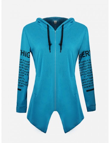 Women Letter Printed Irregular Hem Hooded Thin Sweatshirt Coats