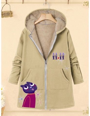 Cat Fish Print Pockets Long Sleeve Zipper Hooded Coat