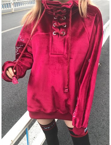 Casual Velvet Letter Print Bandage Turtleneck Women Sweatshirts
