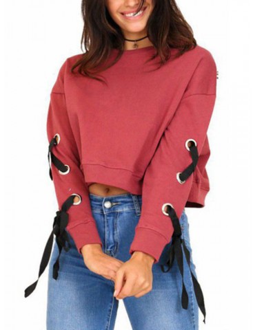 Solid Color Bandage Long Sleeve Sweatshirt