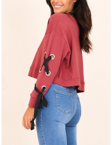 Solid Color Bandage Long Sleeve Sweatshirt