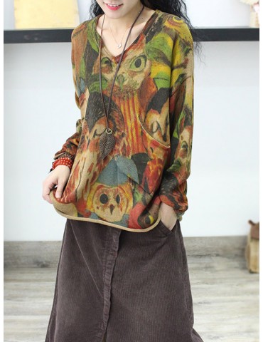 Knit Owl Print Long Sleeve Pullover Casual Sweater