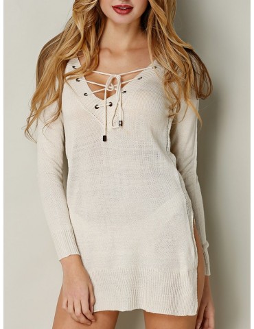 Sexy Cross Strap Slit Hem Long Sleeve V-neck Women Sweater