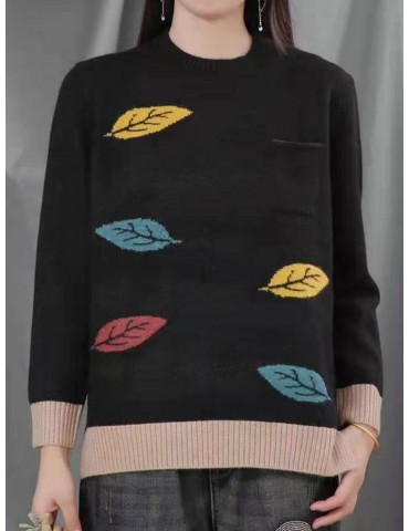 Leaves Embroidery Long Sleeve Sweater