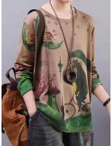 Retro Art Cartoon Printed Round Neck Sweater