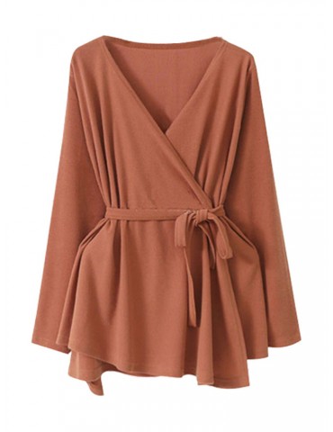 Elegant Women V-Neck Long Sleeve Cardigans With Belt