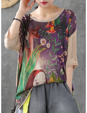Cartoon Printed Vintage O-neck Half Sleeve Sweater For Women