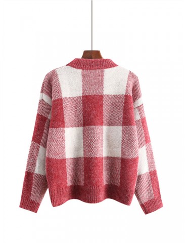 Long Sleeve O-neck Plaid Pullovers Sweater