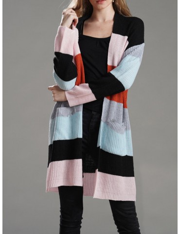 Casual Muticolor Striped Pockets Long Sleeve Cardigan