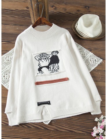 Women Cute Cartoon Print Split Hem Crew Neck Sweater