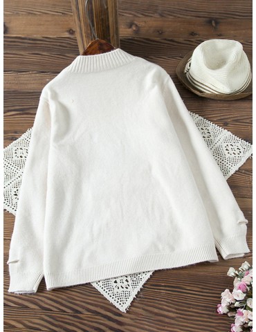 Women Cute Cartoon Print Split Hem Crew Neck Sweater