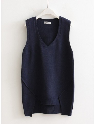 Women Casual Knit Solid Color V-neck Irregular Hem Sweater