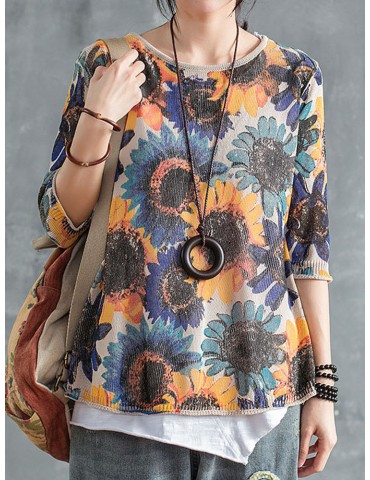 Vintage Printed O-neck Long Sleeve Sweater