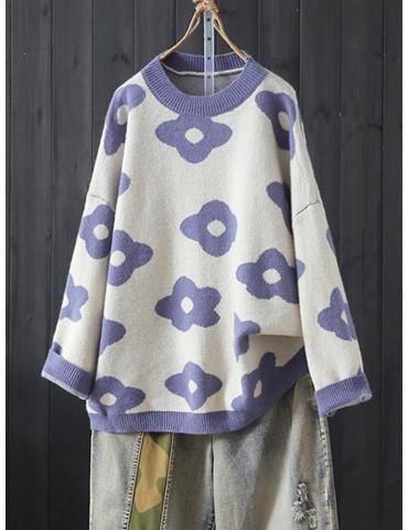 Embroidery Flower O-neck Long Sleeve Overhead Loose Sweater