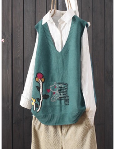 Cartoon Sleeveless V-neck Sweater For Women